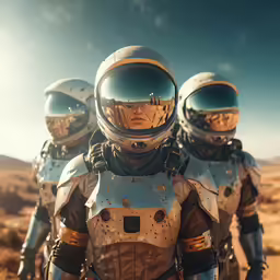 several astronauts wearing suits and helmets on a desert landscape