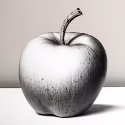 an apple sitting on top of a table in black and white