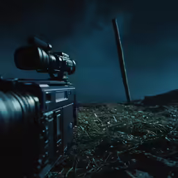 an old camera is on the field next to a post