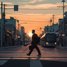 a man walking across a street at sunset