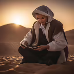 a young woman wearing a jacket and hat sits in the middle of a desert
