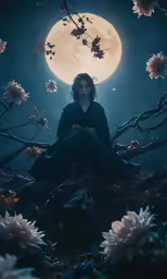 a woman is sitting on a rock with flowers in the foreground