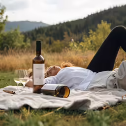 the person is laying down with bottles of wine