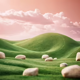 white rocks are in the middle of a green field