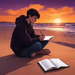 a man sitting on the sand writing in an open book,a man on a beach writing on a paper