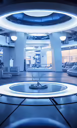 a futuristic room with two large circular tables
