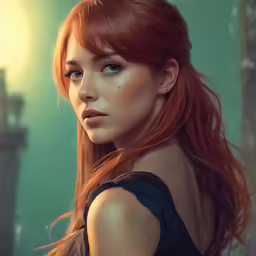 a red headed girl with flowing, curly hair looking sideways