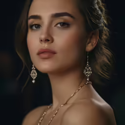 a woman with long brown hair and a necklace with pearls