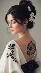 woman in white dress with a black ribbon and flower in her hair