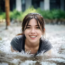 the smiling woman is laying on her stomach