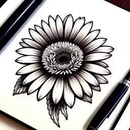 the black and white drawing of a sunflower is displayed in front of three pens,an ink drawing of a flower in black and white,a pen is drawing a sunflower with black ink,a drawing of a large flower that appears to be floating,a sunflower drawn on paper with black and white ink