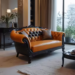 a living room area with an orange and black couch