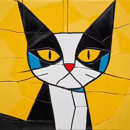 the cat is decorated with yellow and blue
