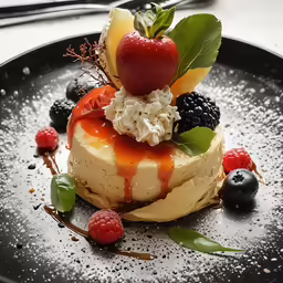 a small plate with cake, fruit and whipped cream