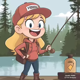 a cartoon of a girl fishing in the river