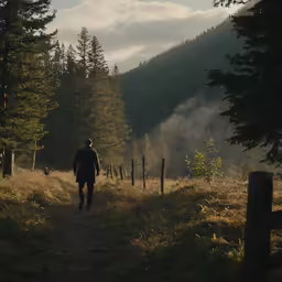 person walking down a trail in a forest