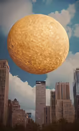 large yellow object flying over tall buildings
