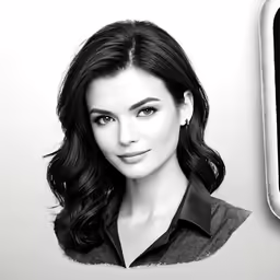 a woman posing in front of a cell phone with the same image on it