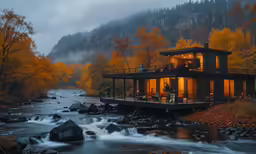 house with deck and patio over creek at dusk