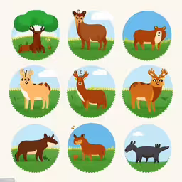 six different kinds of deer, three fawn and a tree,the animals have different colors in this circle