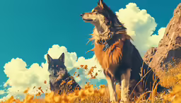 a couple of dogs sitting next to each other in a field