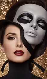an asian woman in white and a woman in black with black lashes are both wearing masks
