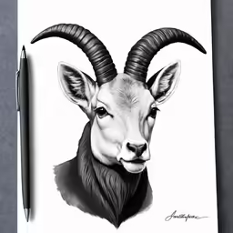a black and white drawing of a ram with large horns