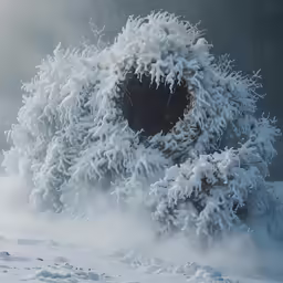 there are two elephants walking near a snow covered object