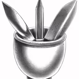 pencil drawing of an interesting looking mortar pot with a toothbrush and knife