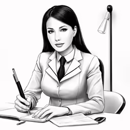 a black and white drawing of a girl in an office setting
