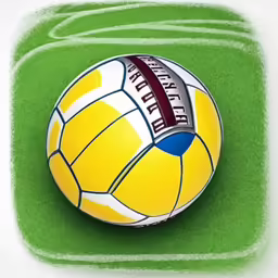 a yellow and blue soccer ball on some grass