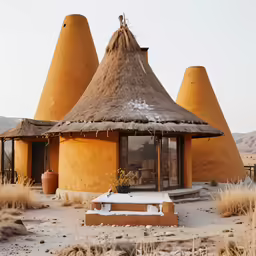 a thatched house with an open door, windows, and patio