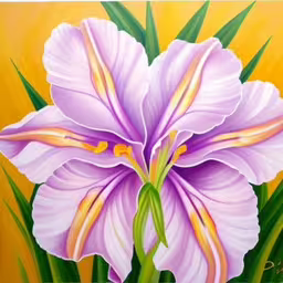 this painting shows a beautiful purple flower against yellow background,a white flower with green leaves in front of a yellow background,a painting of a purple flower in front of a yellow background,a picture of a flower painted in pastel colors,a painting of a large purple flower on a yellow background