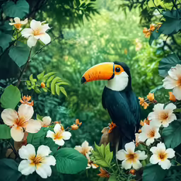 colorful bird perched on branch with orange flowers