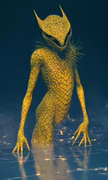 a creepy creature with very large yellow hands