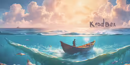 a painting of a boat in the middle of a wave,a man standing on top of a boat in the water