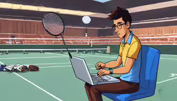 cartoon showing man with laptop in tennis court,a cartoon of a man sitting on a chair in front of a laptop