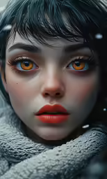 closeup photo of woman in winter outfit with orange eyes