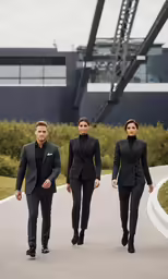 three business people walk together in the middle of a path