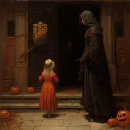 a painting of a woman standing in front of a girl with a black dress,the girl is looking at an old woman who is walking up the stairs