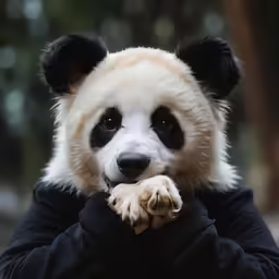 a panda bear with a stuffed animal in his lap