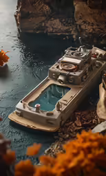 a boat with lots of different types of parts floating on it