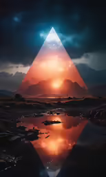 a triangle on the water with mountains in the background