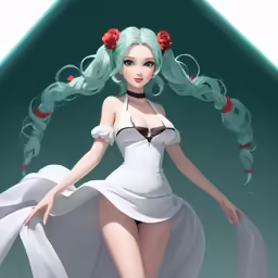 an anime girl with long hair wearing a white dress and red flower in her hair