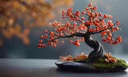 a figurine with orange leaves sits on a rock