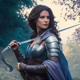 a woman with a sword stands in the middle of a field