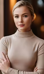 the beautiful woman in a beige sweater is posing