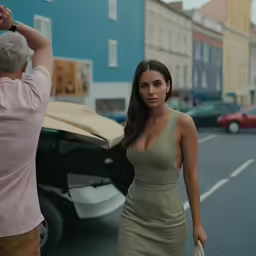 an older man and woman are walking next to a white car