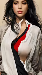 a woman posing for the camera with long black hair and red trims