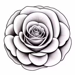 a black and white drawing of a rose,a black and white drawing of a flower,the flower, which looks like an intricate rose,an outline drawing of a flower with a center,a white rose with long petals